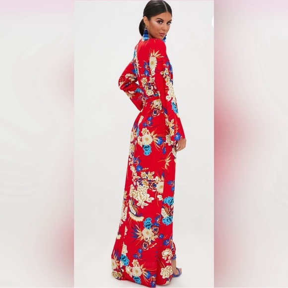 Red Floral Print Kimono Maxi Dress - Picture 2 of 4